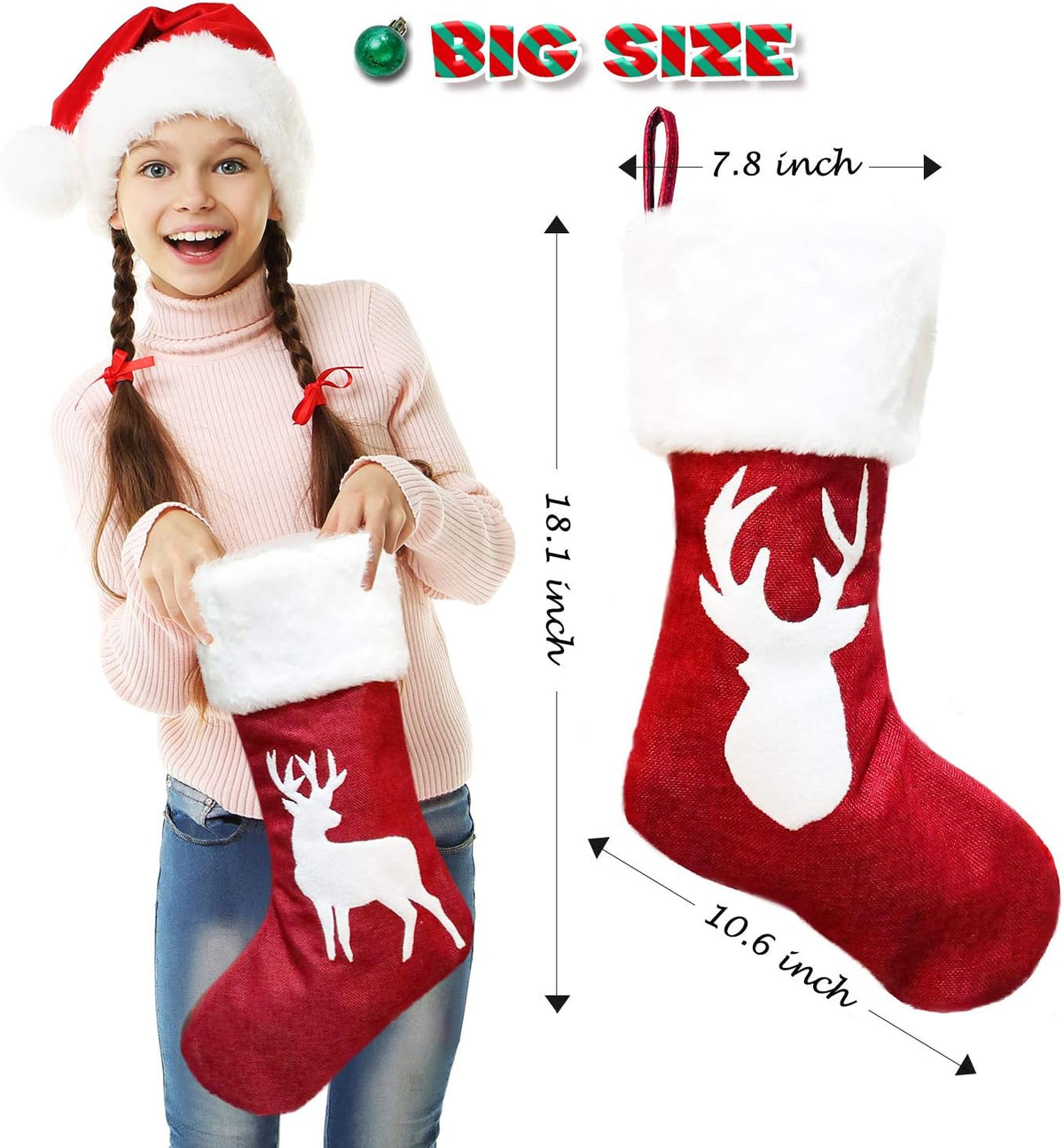 Christmas Stockings, 2 Pcs 18 Inches Christmas Stockings, Burlap with Large Plush Cuff Stockings, for Family Holiday Xmas Party Decorations (Red-Deer)