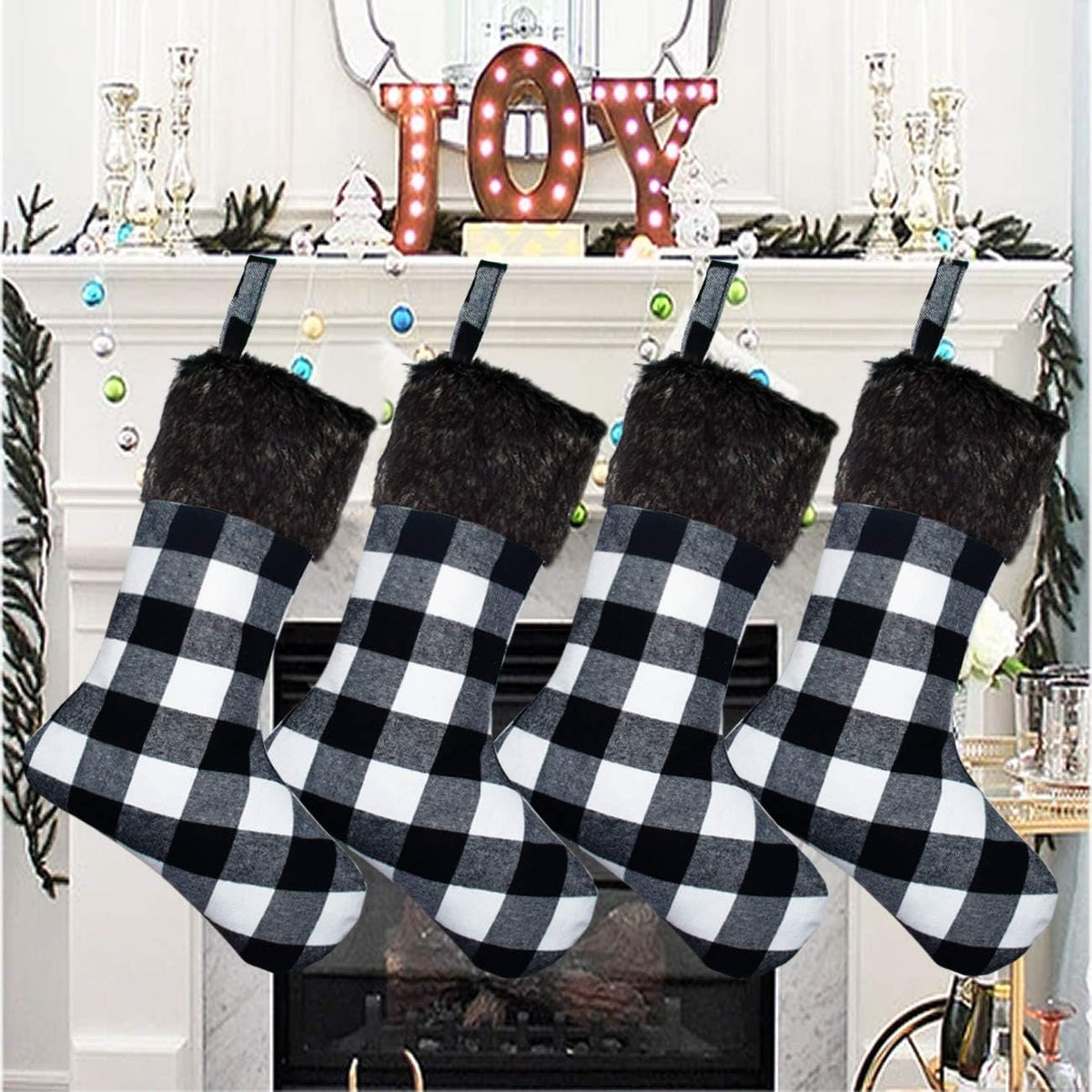 Black and White Buffalo Plaid Christmas Stockings (Set of 4)