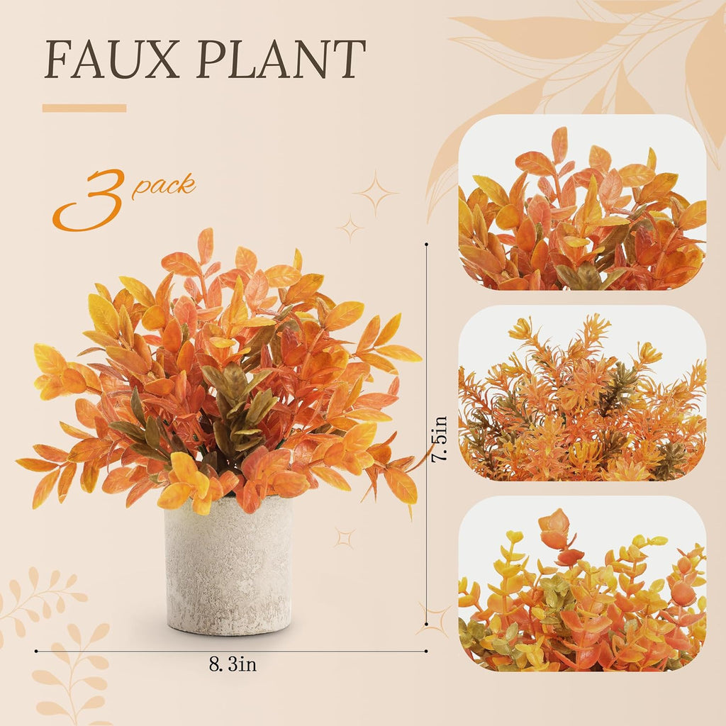 3 Pack Fake Plants Warm Orange Faux Plants for Fall Table Decor
