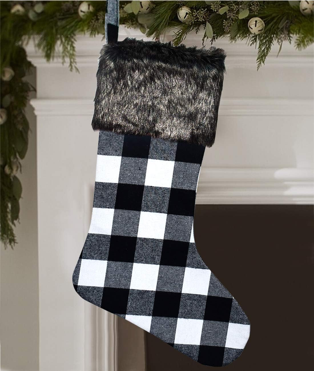 Christmas Stockings- 4 Pack 18" Black White Buffalo Plaid Christmas Stockings with Plush Faux Fur Cuff, Classic Large Christmas Stockings Decorations for Family Christmas Holiday Party Decor