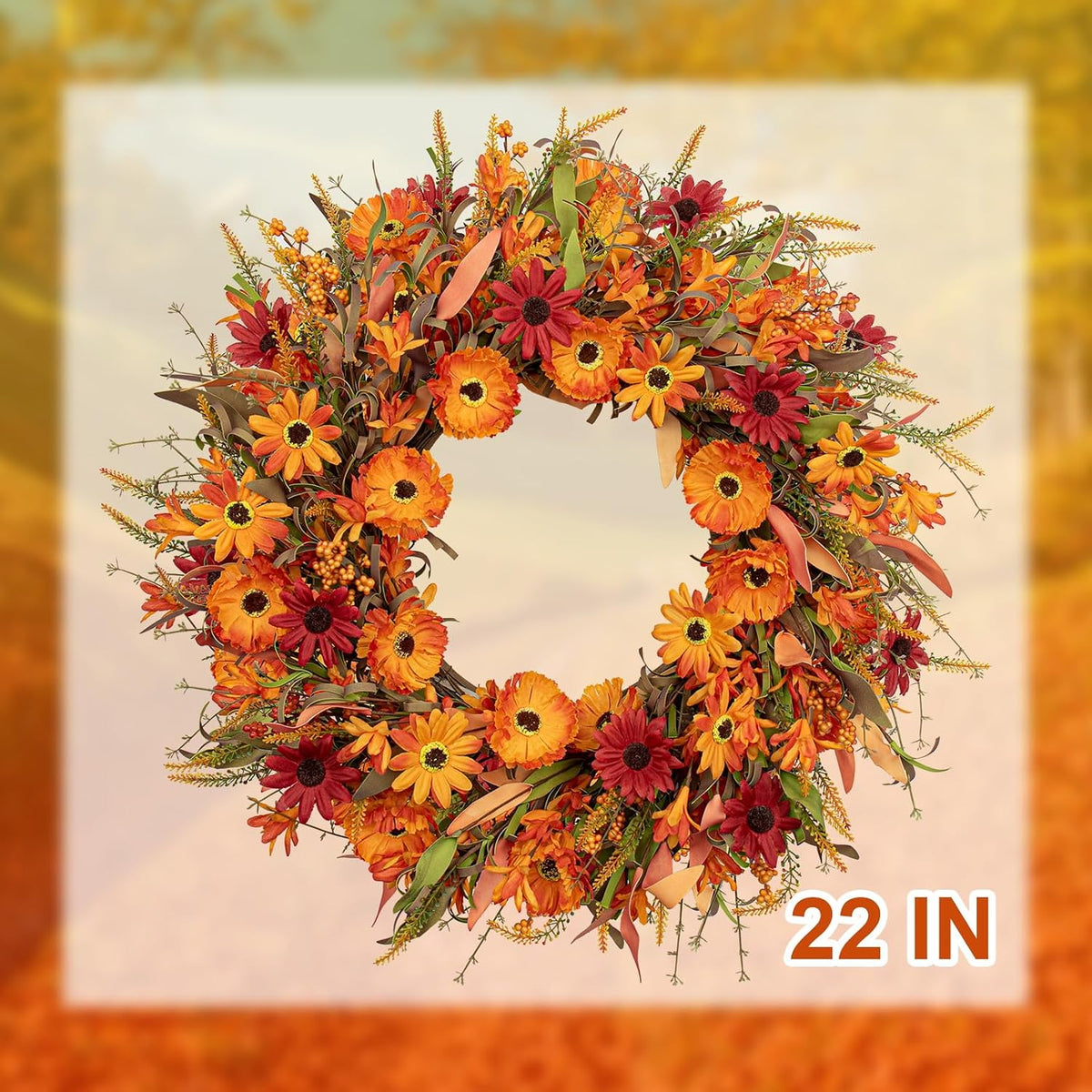 Artificial Fall Wreath 22 Inch Autumn Wreaths for Front Door Orange Daisy Wreath with Wildflowers Berries for Indoor Outdoor Wall Farmhouse Thanksgiving Day Harvest Festival Celebration
