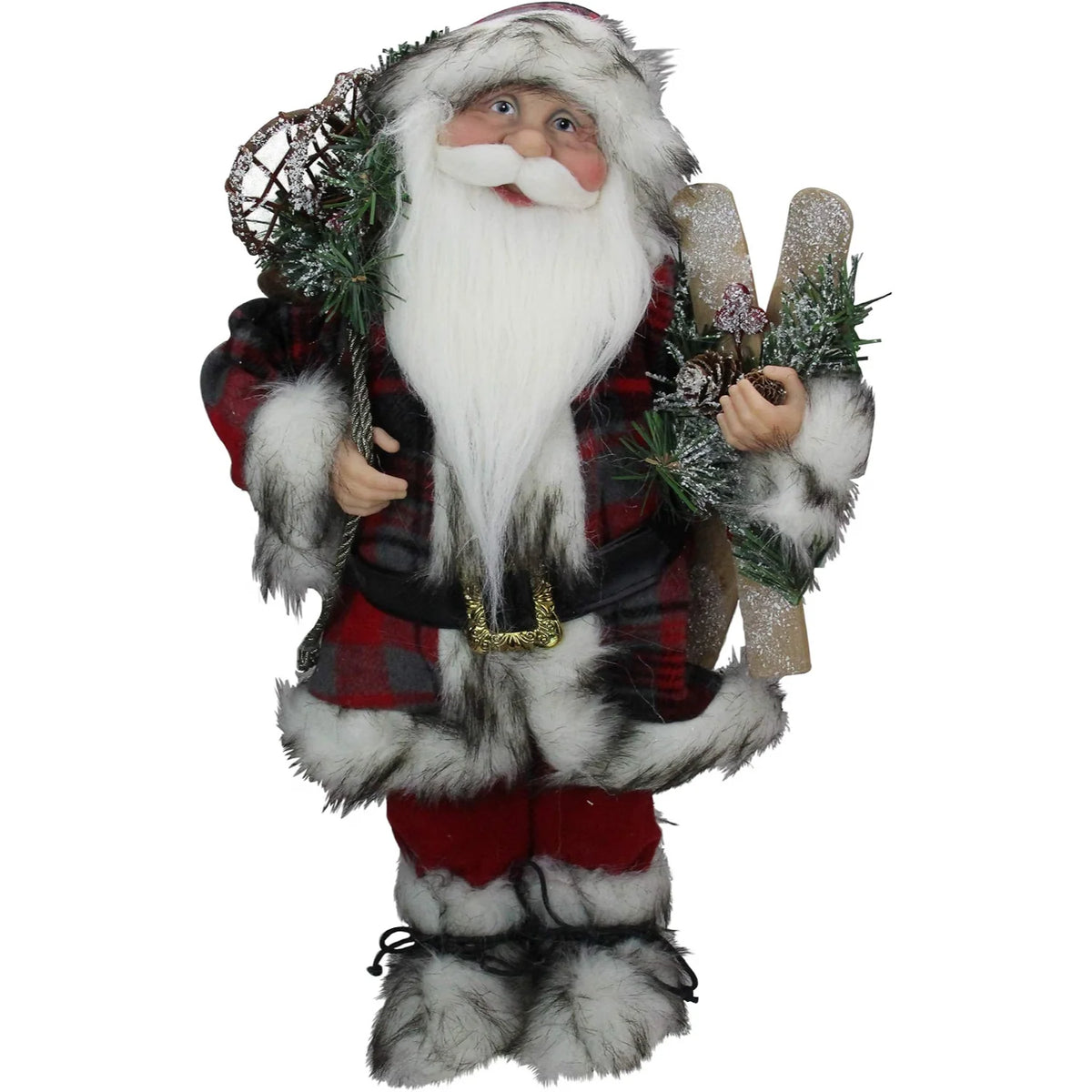 Alpine Santa Claus Figure with Skis & Snowshoes, 16 Inch