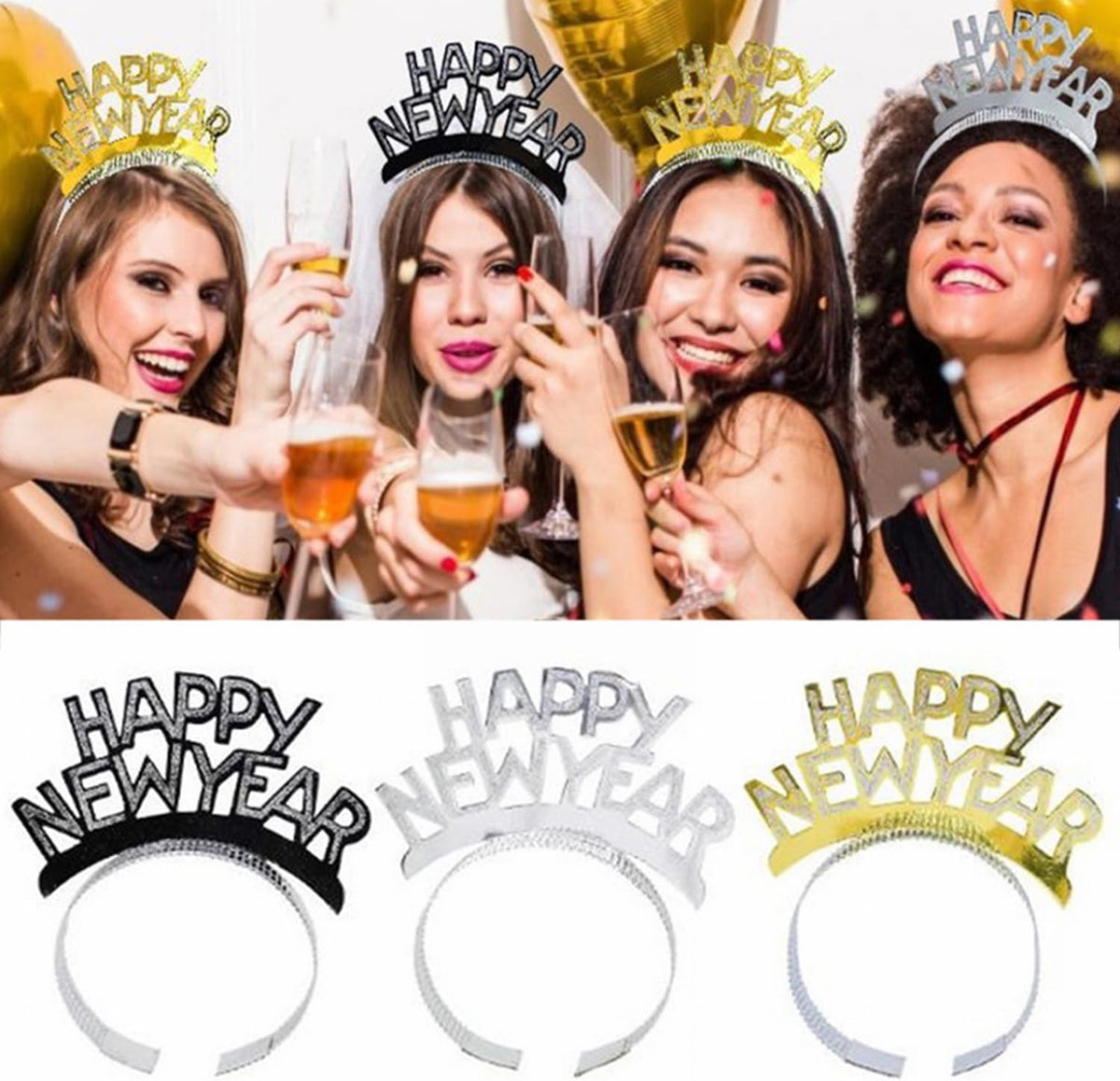12Pcs New Year'S Headbands and Hats - NYE Crown, Happy New Year Headband, Party Hats, Eve Party Headbands, Tiara Accessories for Happy New Year Party