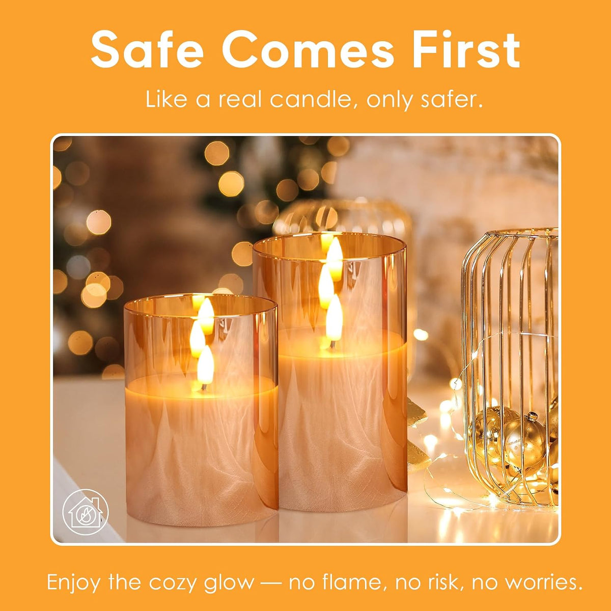 Gold Glass Flameless Pillar Candles with Remote, Flickering Fall LED Candles Battery Operated Set of 3