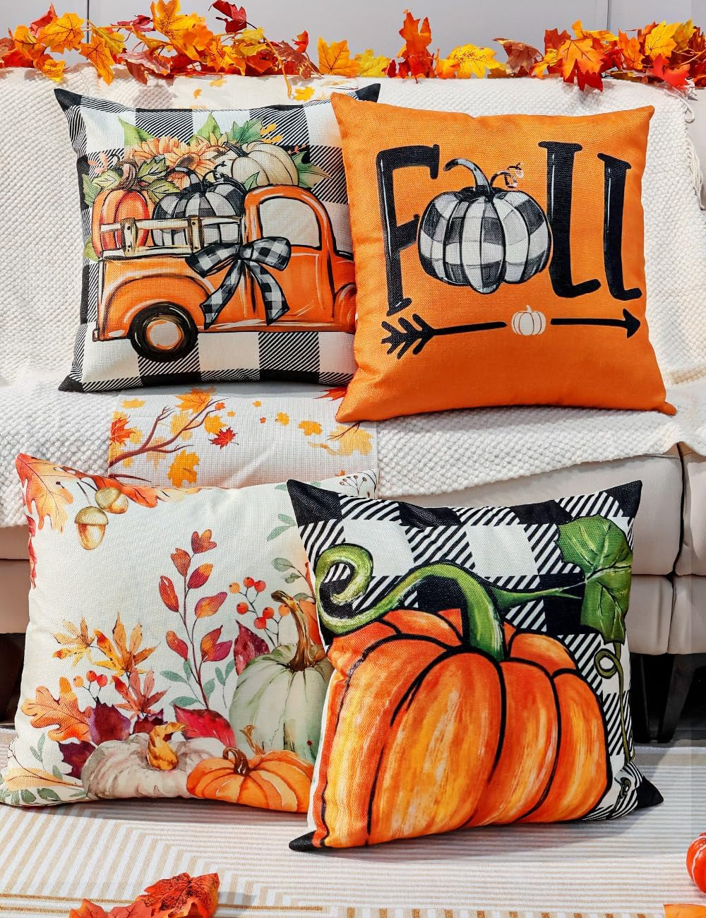 Fall Pillow Covers 18X18 4Pcs Double‑Sided Print Autumn Home Decor
