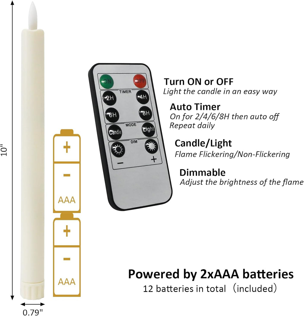 6PCS Flameless Taper Candles with 3D Flickering Flame Battery Operated Candles with 2 Remote with Button Cell Battery 10" Ivory LED Candlesticks Window Candle for Christmas Home Decor
