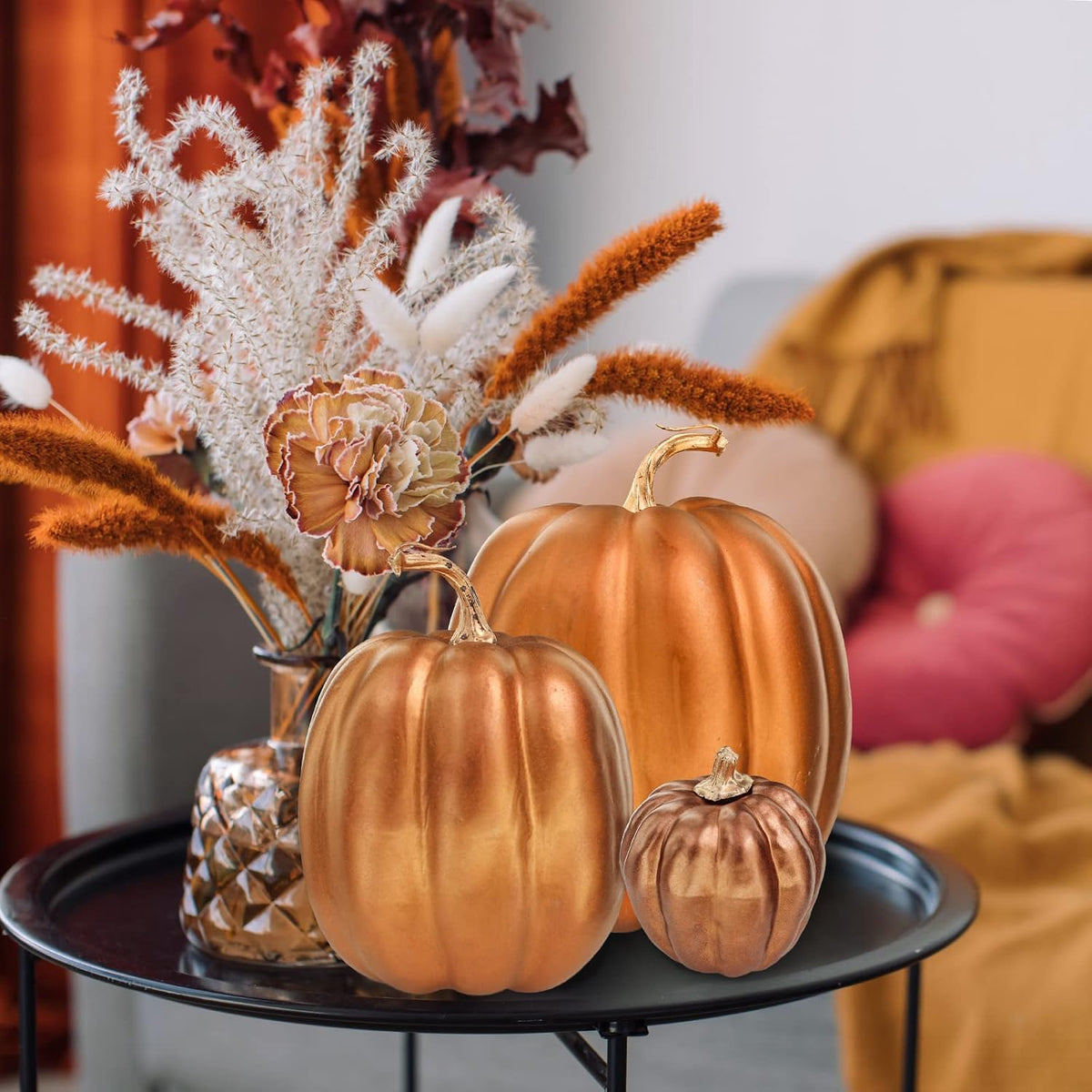 7 Pcs Assorted Sizes Artificial Metallic Bronze Pumpkins Rustic Decorative Fall Foam Pumpkins for Gifts Thanksgiving Halloween Harvest Fall Wedding Table Centerpiece Mantel Shelf Decor