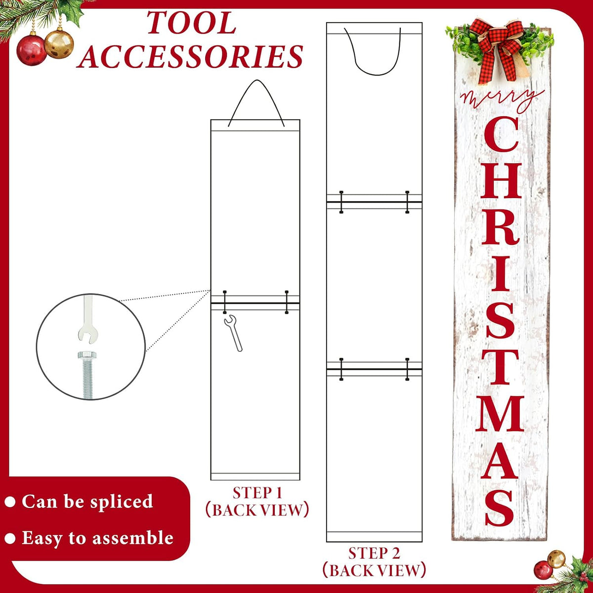 Merry Christmas Porch Sign, Front Door Hanging Decor, 42''